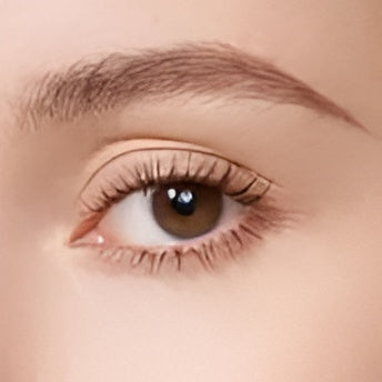 Close-up of a brown eye with detailed eyelashes and eyebrow.